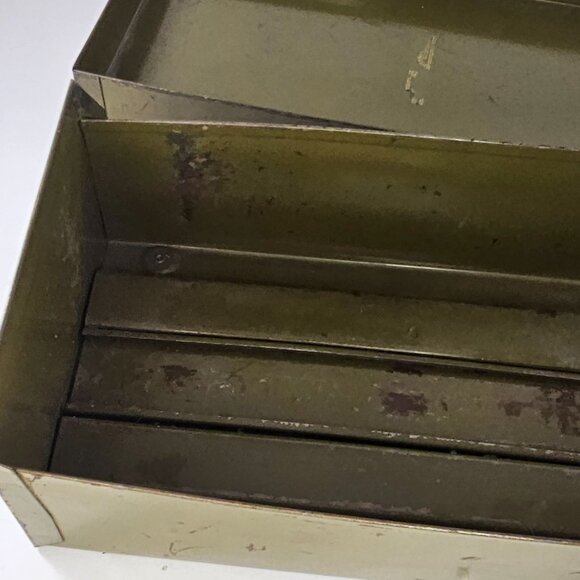 Vintage Metal File Storage Box Olive Green Distressed Finish With Lid Bankers - Picture 11 of 12